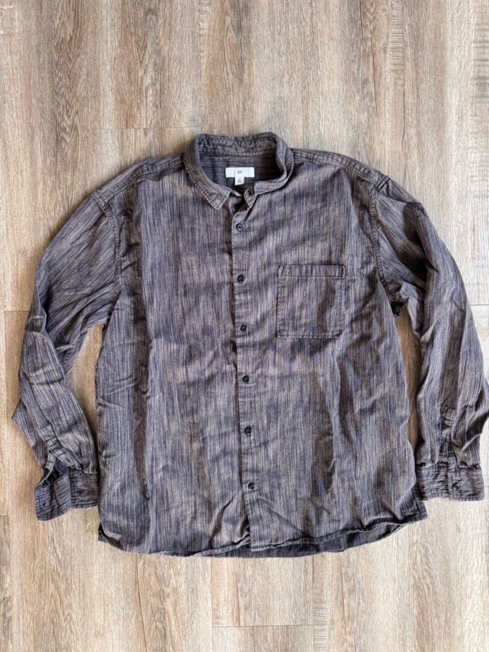 bp Men's Brown Striped Long-Sleeve Dress Shirt - size Large